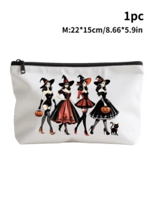 Halloween White Bag For Travel Storage | Makeup Bag & Electronics Organizer With Zipper Closure, Skull Bow Tie Floral Print Pouch For Travel Essentials, Jewelry, Toiletries | Halloween Gift Idea