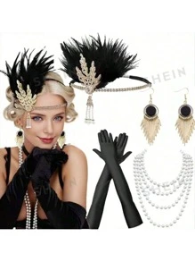 20 世纪 20 年代婚礼/派对头饰套装，包括头带、仿珍珠项链、手套、复古锌合金配饰，适合万圣节舞会