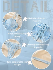3 Piece Three-Dimensional Lace Embroidered Flower Corset, Translucent Mesh Cross Tie Design Women's Steel Ring Bra Set, Corset Top And Underpants +Leg Strap Three Piece Set, Women's Underwear Set, Is The Perfect Gift For Dating And Give To Sisters - Baby Blue - View 2