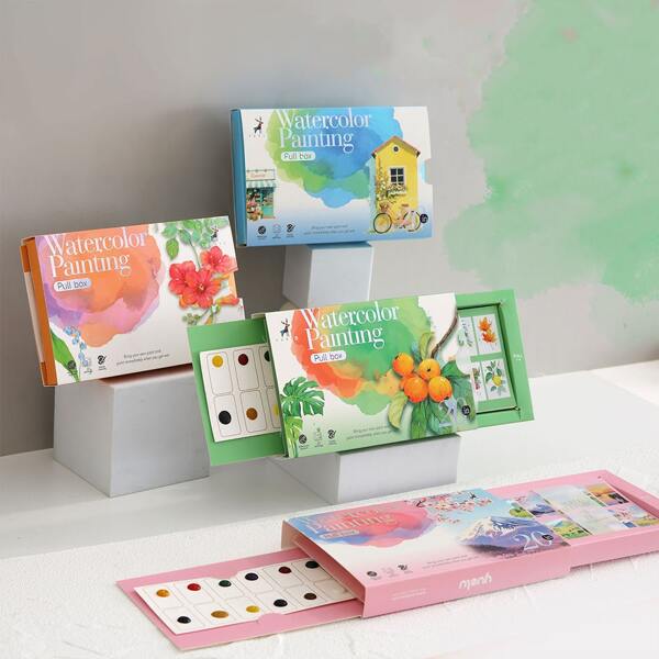 1 set de kit de peinture à l'aquarelle avec boîte coulissante, set de peinture DIY comprenant un livre de coloriage, un carnet de croquis, un livre de gribouillis, cadeau pour fête/anniversaire, livré avec 1 stylo et 20 feuilles de papier