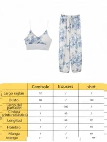 Conjunto de dos piezas de top de tirantes corto con estampado y pantalones anchos de cintura alta sin tirantes, estilo bohemio para mujer, con bolsillos, fruncido, ajuste regular, multicolor, apto para uso casual diario en primavera/verano - Azul - Ver 5