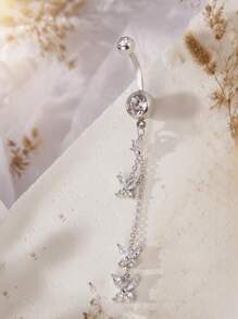 1pc Sexy Glamorous Chain Long Butterfly Cubic Zirconia Navel Ring, Women's Intimate Pierced Belly Button Jewelry - Butterfly - View 7