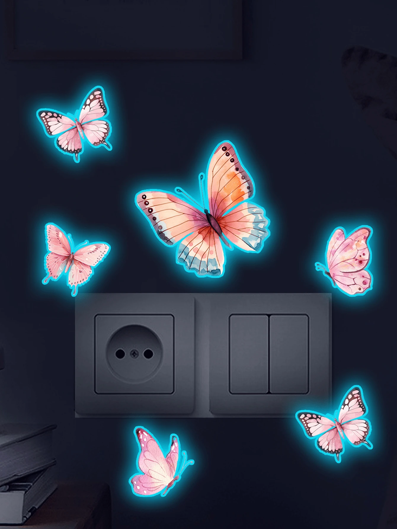 6 miếng dán tường hình con bướm phát sáng trong bóng tối, trang trí phát sáng cho phòng ngủ và phòng khách - Bướm xanh hồng - Xem 1