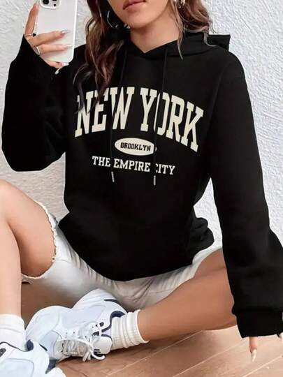 Sudadera con capucha y estampado de letras para mujer, jersey básico de manga larga con estampado "NUEVA YORK", sudadera básica cálida y de moda para otoño e invierno.