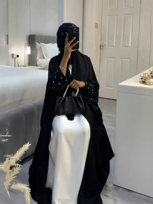 1 件纯色优雅开衫，手工串珠，刺绣袖口，时尚优雅，适合所有季节，穆斯林女装 - 彩色 - 查看 3