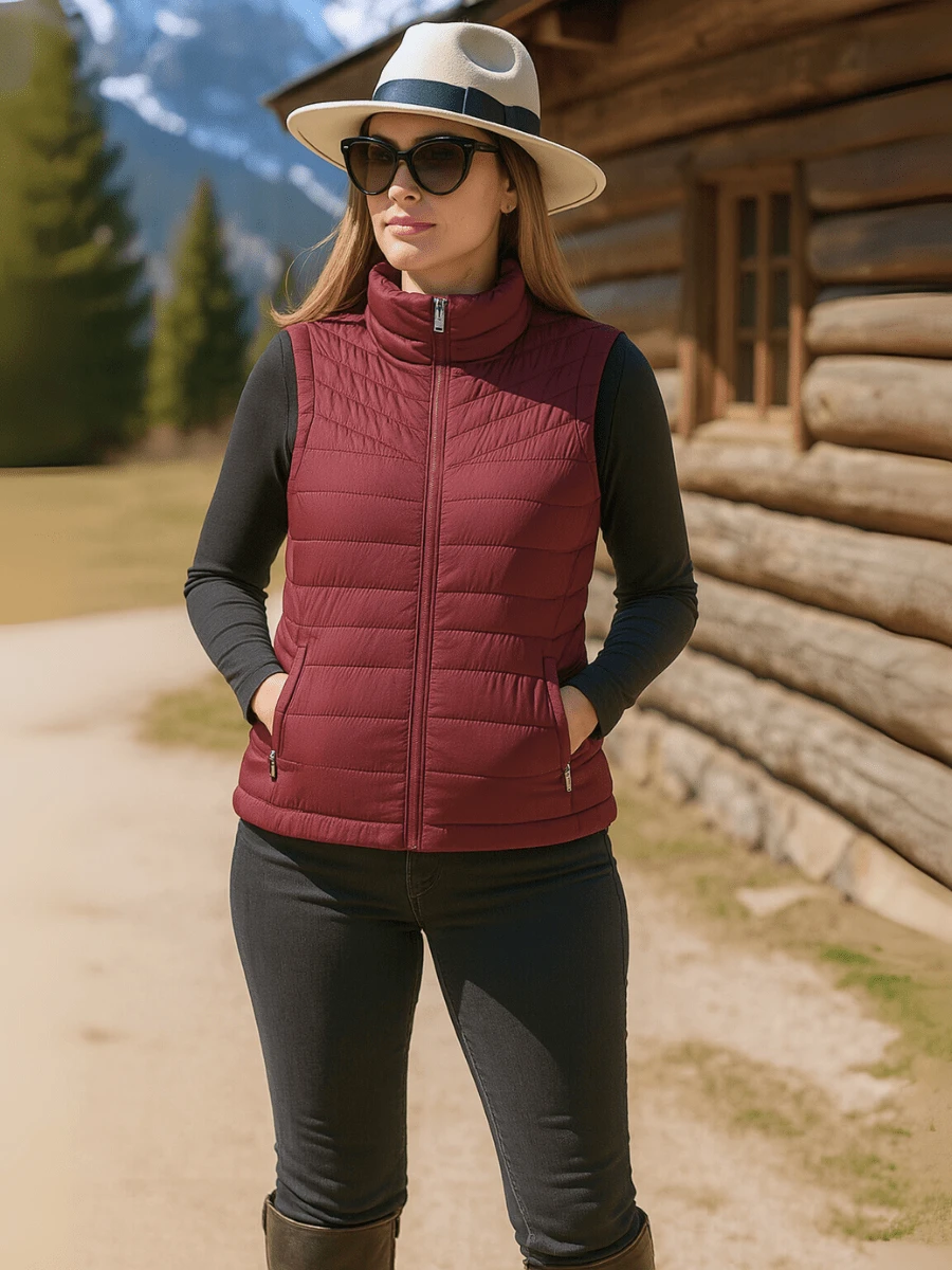 Chaleco acolchado ligero para mujer, con cierre frontal, cuello alto y bolsillos laterales, estilo outdoor casual, cardigan de ajuste - Granate - Ver 1