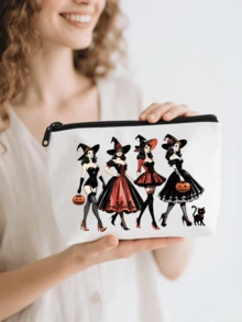 Halloween White Bag For Travel Storage | Makeup Bag & Electronics Organizer With Zipper Closure, Skull Bow Tie Floral Print Pouch For Travel Essentials, Jewelry, Toiletries | Halloween Gift Idea