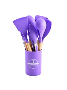 1 set de 12 pièces d'ustensiles de cuisine en silicone avec manches en bois, spatules et louches antiadhésives. Set d'ustensiles de cuisine avec support