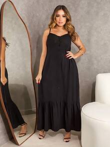 Elegant Women's Midi Dress In Viscose With Padded Cups, Lining, Adjustable Straps And Front Buttons - Hitam - View 4