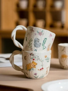 自然动物图案陶瓷杯，创意扭纹手柄卡通水杯，早餐杯，咖啡杯，送给朋友和爱人的礼品套装 - 彩色 - 查看 2