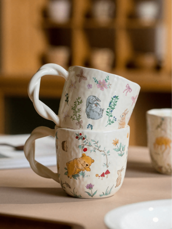 Copo de cerâmica com textura de tecido e tema animal Mori, copo de água com alça de desenho animado para massa frita criativa, xícara de café da manhã, xícara de café, conjunto de presente para amigos e amantes