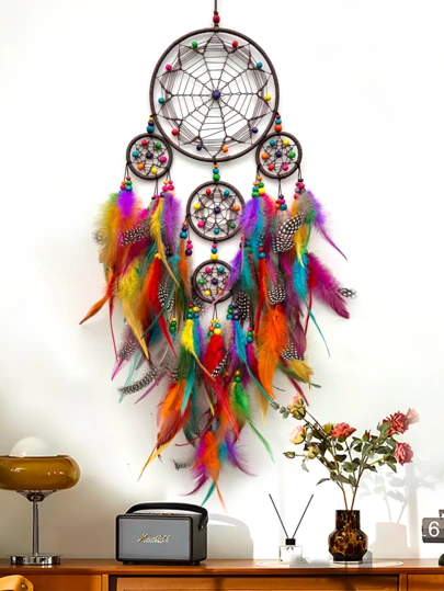 1pc Handmade Dream Catcher With Feathers Wind Chime Wall Decor, Fashionable Home Decor Dream Catcher Wind Chime, For Home, Wedding, Room Decoration (Feathers Are Artificial)