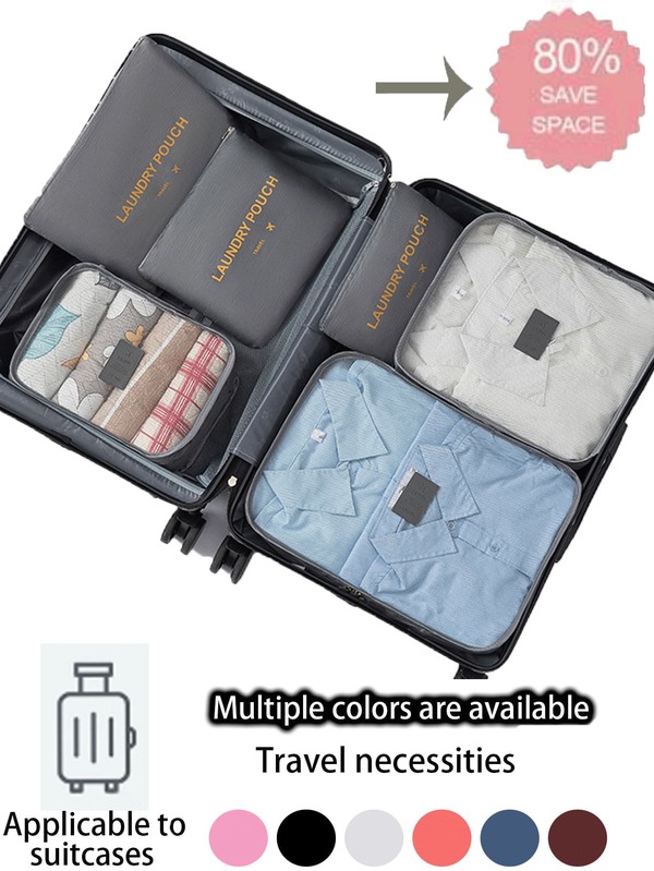 6 pièces/set Organisateur de bagage de voyage - Cubes de rangement, sac de toilette, sacs de compression, sacs à vêtements, sac à cosmétiques, sac à chaussures. Convient pour les cosmétiques, les soins de la peau, le maquillage, la papeterie, l'électronique et plus encore. Excellent cadeau pour les vacances