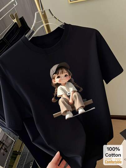 Kaos Wanita Lengan Pendek Panjang Sedang, Atasan Kasual Musim Panas Bergaya Anak Perempuan Bergambar Kartun Hitam