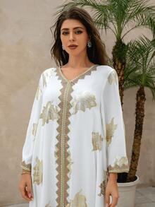 女士优雅V领花卉压花长袍连衣裙 - 白色 - 查看 8