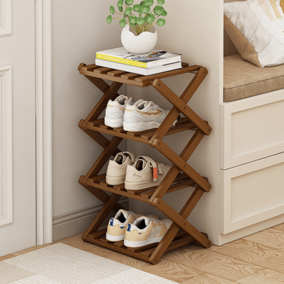 1pc Bamboo Simple No-Installation Folding Shoe Rack, Entryway Storage Shelf