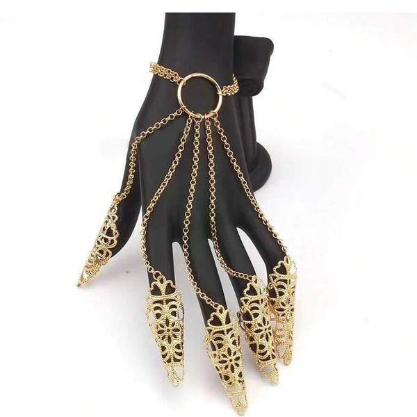 1 Stück vintage Cut Out Fingerkette, goldene Quaste Nagel Fingerknöchel Kette, Gothic Stil Fingerkette, luxuriöser kreativer Gothic Stil Handschmuck, vielseitiges Nischen-Handaccessoire, personalisierte Mode, exotischer Stil, geeignet für Performance Handdekoration und tägliches Fotoshooting, Halloween