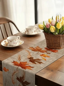 1pc Autumn-Inspired Table Runner With Maple Leaf & Wheat Pattern - Line, Earthy Tones, Multiple Sizes For Home Kitchen Decor, Thanksgiving, New Year, Year-Round Gift, Seasonal Home Decor, Autumnthemed Decor, Fabric-13x35.4/47.2/63/72/78.7 Inches
