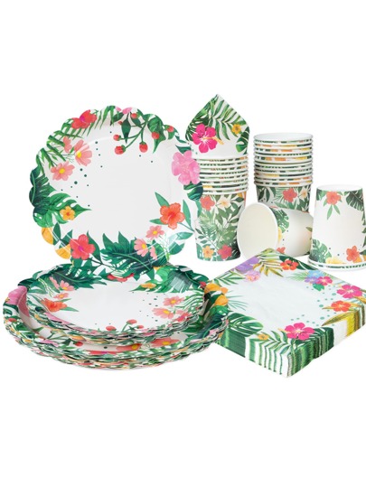 100 pezzi Set di stoviglie hawaiane bianche, piatti di carta monouso da 7/9 pollici con decorazione a fiore rosso, bicchieri e tovaglioli di carta monouso, forniture per feste di compleanno hawaiane, stoviglie per feste con fiori rossi e foglie verdi