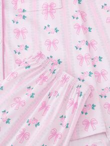 Set de pijamale pentru femei cu 2 buc., cu decor floral și fundă, top cu mânecă lungă și pantaloni largi cu talie elastică, potrivit pentru primăvară, toamnă, iarnă, petreceri de sărbători, pijamale casual și lenjerie de casă, haine de toamnă