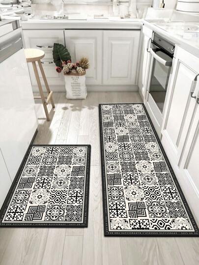 [CHAUD!!!] 1 pièce Tapis de cuisine en silicone géométrique floral noir et blanc confortable au quotidien - Tapis de cuisine super absorbant et doux, adhésif puissant, fond en caoutchouc, facile à nettoyer. Tapis de sol de style européen vintage de luxe, tapis décoratif lavable. Convient pour la salle à manger, le salon, la buanderie, la salle de bain, etc.