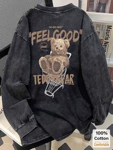 Oversized Vintage Black Cotton Washed Cartoon Bear Print Long Sleeve T-Shirt, Loose And Flattering Design