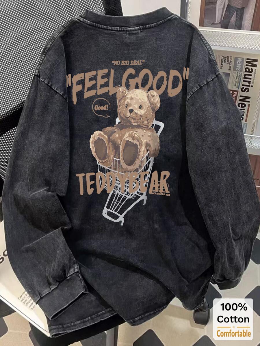 Oversized Vintage Black Cotton Washed Cartoon Bear Print Long Sleeve T-Shirt, Loose And Flattering Design