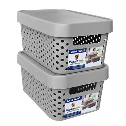 Kit 2 cajas organizadoras tapa plástico modernas almacenamiento ropa juguetes closet sistema robusto diseño funcional fácil limpieza apilable organización eficiente