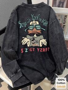 Oversized Vintage Black Cotton Washed Long Sleeve T-Shirt Women, Cartoon Print Loose Flattering Design