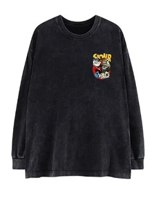 Oversized Vintage Black Cotton Washed Long Sleeve T-Shirt Women, Cartoon Print Loose Flattering Design