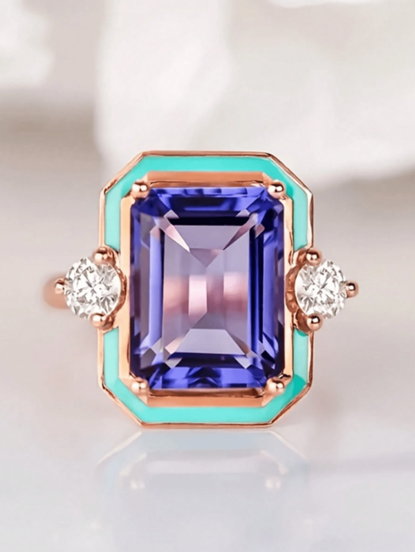 1 szt. Modny pierścionek z fioletową cyrkonią sześcienną w kształcie kwadratu, odpowiedni dla kobiet, na zaręczyny, ślub, prezent na Walentynki