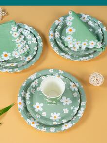 100pcs Sage Green & White Flower Petal Dinnerware Set, 7/9 Inch Disposable Paper Plates With White Flower Petals For Birthday Party Decor, Disposable Paper Cups And Napkins, Green Floral Birthday Party Supplies - Multicolor - View 4