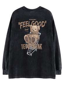 Oversized Vintage Black Cotton Washed Cartoon Bear Print Long Sleeve T-Shirt, Loose And Flattering Design