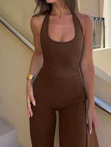 VIVINA 女式纯色简约休闲运动方领露背修身连体裤，秋季女式连体裤