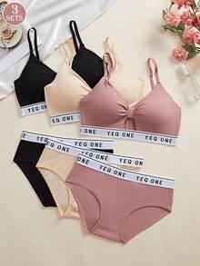 3SETS Ladies Sexy Openwork French Bra Briefs Suit, Comfortable And Wireless, Letter Printed Sling Tube Top Beautiful Back, Chest Pad Wrapped, Sports Bra Suit.