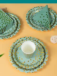 100 件鼠尾草绿和金色波尔卡圆点花卉纸盘套装，7/9 英寸一次性生日快乐派对装饰品金色波尔卡圆点花卉纸盘和餐巾，一次性纸杯和纸巾，花卉生日派对用品 - 彩色 - 查看 4