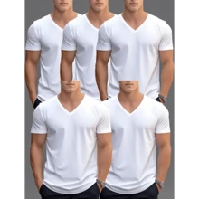 Men'S Spring Summer Solid Color Simple V-Neck Casual Sports Short Sleeve T-Shirt 5pcs, Perfect For Outdoor - 藍色 - 查看 2