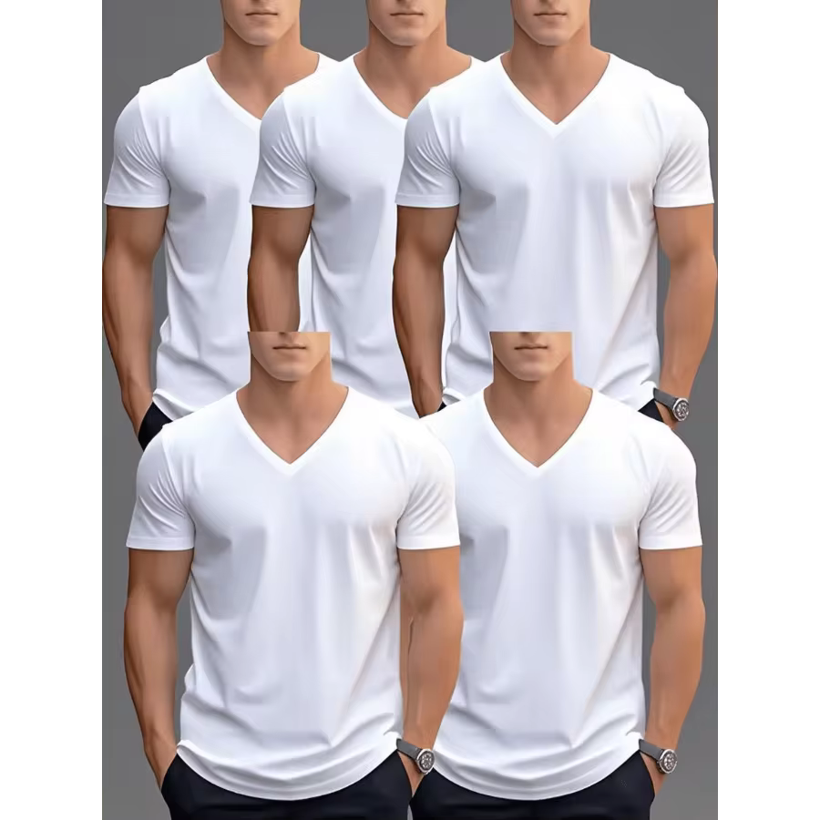 Men'S Spring Summer Solid Color Simple V-Neck Casual Sports Short Sleeve T-Shirt 5pcs, Perfect For Outdoor - Màu xanh lam - Xem 2