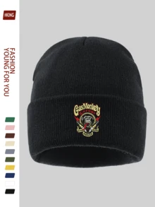 1pc Adventure Exploring Gas Monkey Garage & Cartoon Red Cap Teddy Bear Print Knit Beanie Hat, Unisex Warm Outdoor Cap With Gorilla & Slogan Design For Winter, Elastic Soft Comfortable Ski Hat, Funny Stylish Solid Color Knitted Cap For Skiing, Cycling, Running, Skateboarding, Fitness, Gifts For Dad, Grandpa, Halloween, Christmas - A - View 1