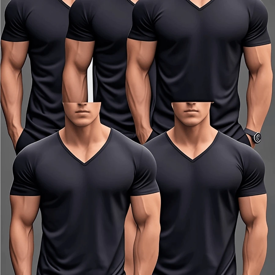 Men'S Spring Summer Solid Color Simple V-Neck Casual Sports Short Sleeve T-Shirt 5pcs, Perfect For Outdoor - 黑色 - 查看 1