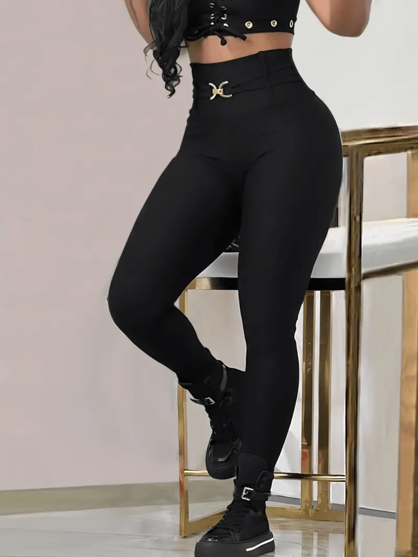 无缝紧身提拉运动瑜伽裤 - 黑色 - 查看 1