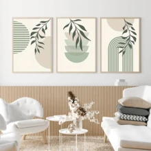 3pcs/Set Modern Wall Art Poster, Boho Soft Color Abstract Canvas Prints, Green Geometry Plant Art, Botanical Poster, Sage Green And Beige, Neutral Tones, Minimalist, Bohemian Art, Framed Or Unframed, Room Decor, Home Decor, College Dorm Apartment Decor, Gifts For Wall Decoration In Hotel, Home, Living Room, Bedroom, Bathroom And Office - Multicolor - View 4
