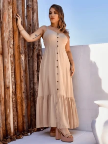 Elegant Women's Midi Dress In Viscose With Padded Cups, Lining, Adjustable Straps And Front Buttons - 米色 - 查看 1