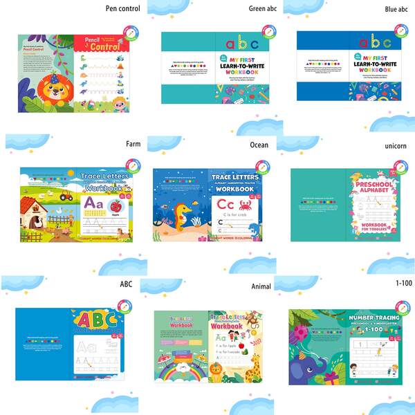 1 Stück Kinder Schreibheft zum Üben, Buchstaben & Zahlen Schreibübungsheft, Grün, Blau, Ozean, Bauernhof, Einhorn, Tier Themen Übungsblock