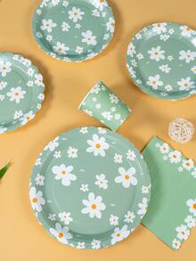 100pcs Sage Green & White Flower Petal Dinnerware Set, 7/9 Inch Disposable Paper Plates With White Flower Petals For Birthday Party Decor, Disposable Paper Cups And Napkins, Green Floral Birthday Party Supplies - Multicolor - View 5