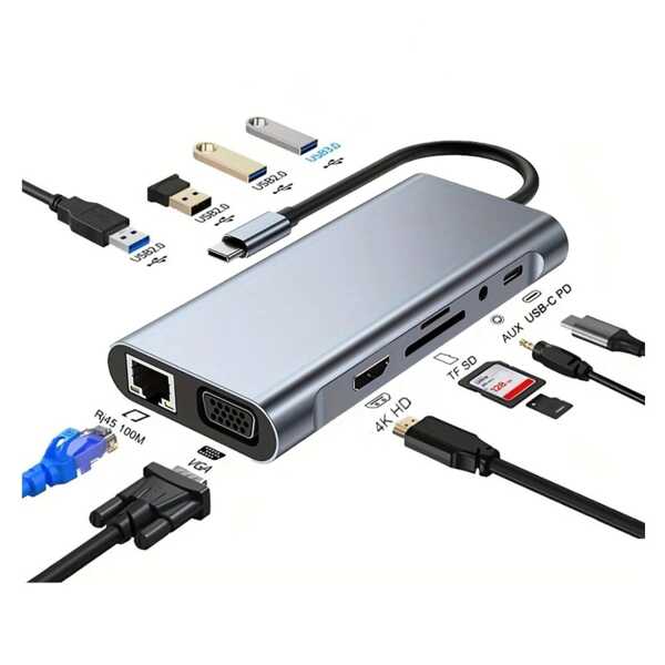 محور USB 11 في 1، موزع USB، توسيع USB، محور محول كمبيوتر USB 3.0، واجهة شبكة، اكسسوارات كمبيوتر وهاتف، قارئ بطاقة SD/TF، نوع C 3.1، شحن سريع PD 2.0/3.0، متوافق مع أجهزة الكمبيوتر المحمول والأجهزة الأخرى المزودة بمنفذ USB-C