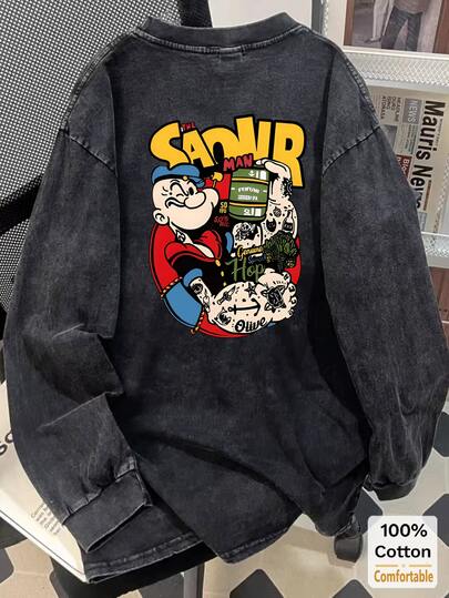 Oversized Vintage Black Cotton Washed Long Sleeve T-Shirt Women, Cartoon Print Loose Flattering Design