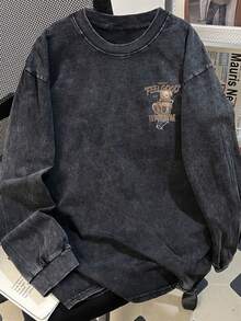 Oversized Vintage Black Cotton Washed Cartoon Bear Print Long Sleeve T-Shirt, Loose And Flattering Design