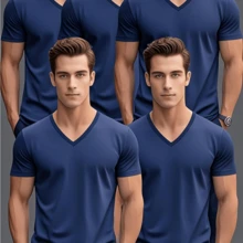 Men'S Spring Summer Solid Color Simple V-Neck Casual Sports Short Sleeve T-Shirt 5pcs, Perfect For Outdoor - 藍色 - 查看 1