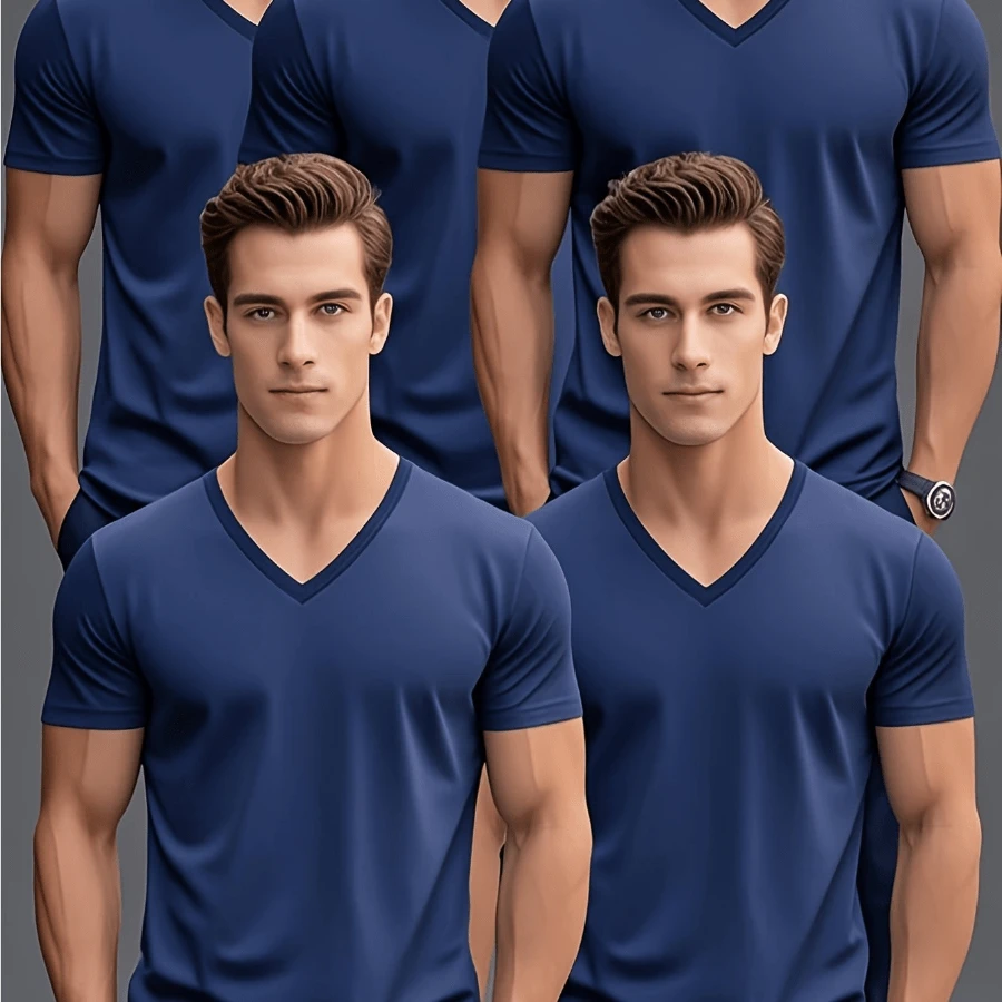 Men'S Spring Summer Solid Color Simple V-Neck Casual Sports Short Sleeve T-Shirt 5pcs, Perfect For Outdoor - 藍色 - 查看 1